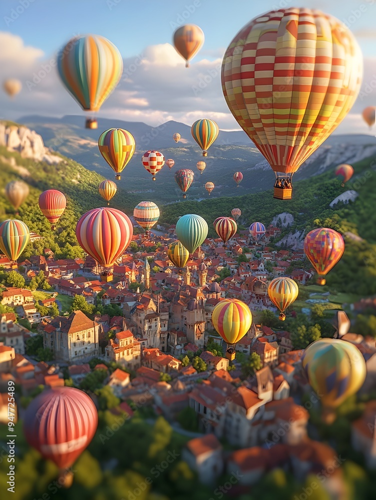Fototapeta premium Enchanting Air Balloon Spectacle Against Picturesque Mountainous Backdrop with Dramatic Lighting