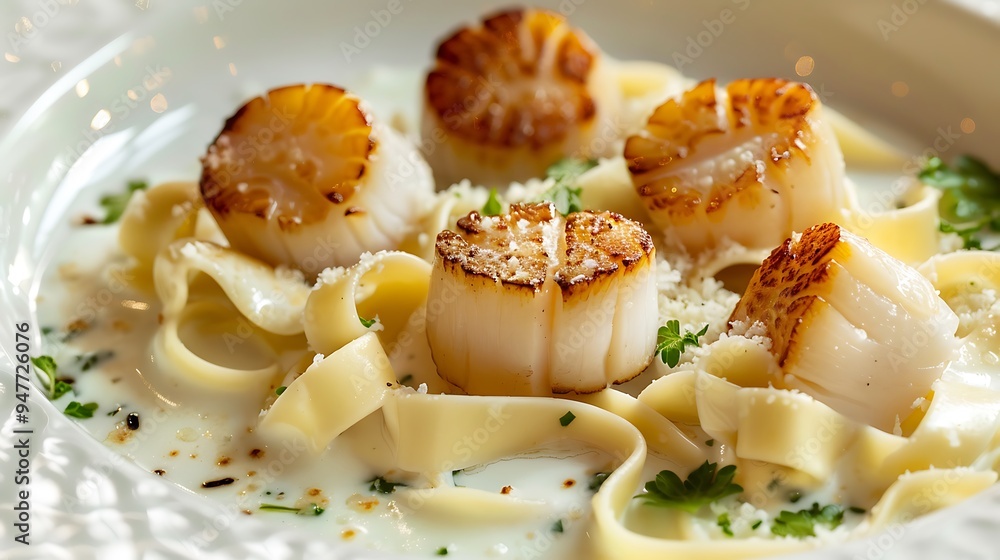 An attractive view of beautiful macaroni packed with scallops An attractive view of beautiful macaroni packed with scallops