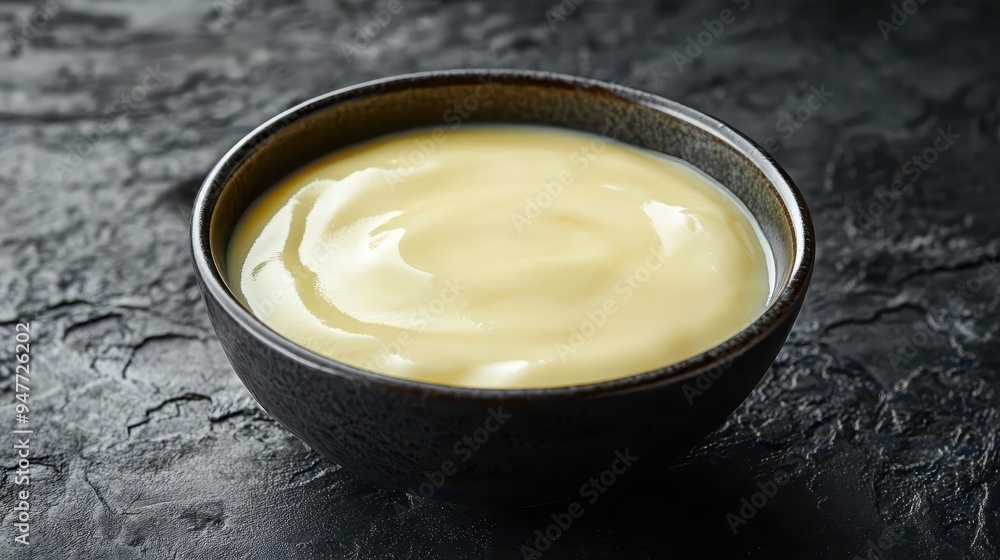 A bowl of creamy vanilla custard, its surface glistening against a dark, textured background A bowl of creamy vanilla custard, its surface glistening against a dark, textured background