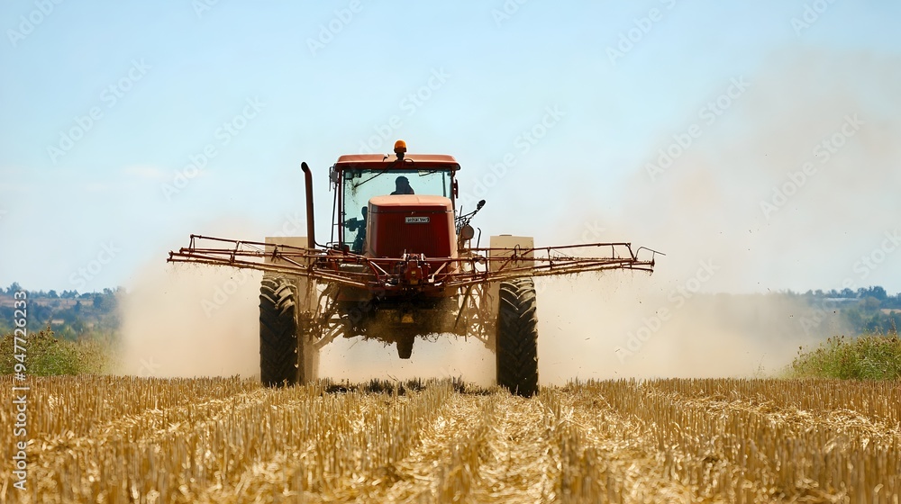 Obraz premium A Powerful Tractor Plowing Through a Vast Golden Wheat Field on a Sunny Day