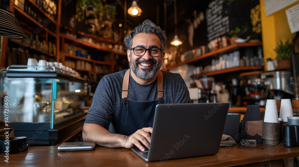 Smiling male barista with glasses and apron working on a laptop in a cozy cafe setting filled with coffee equipment and decor. Smiling male barista with glasses and apron working on a laptop in a cozy cafe setting filled with coffee equipment and decor.