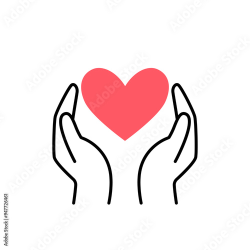 Two outline hands hold heart. Linear illustration of sharing love, charity and donation