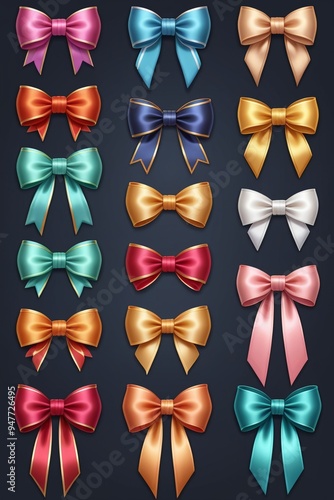 A collection of colorful ribbons and bows isolated on a clean dark background, cartoon style