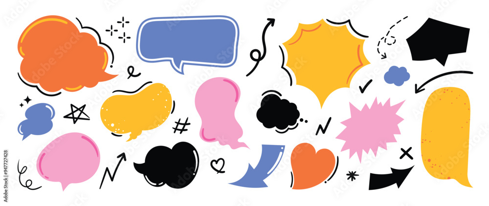 © TWINS DESIGN STUDIO - Set of doodle and speech bubble vector. Collection of contemporary figure, speech bubble, arrow in funky groovy style. Chat design element perfect for banner, print, sticker, cartoon.
