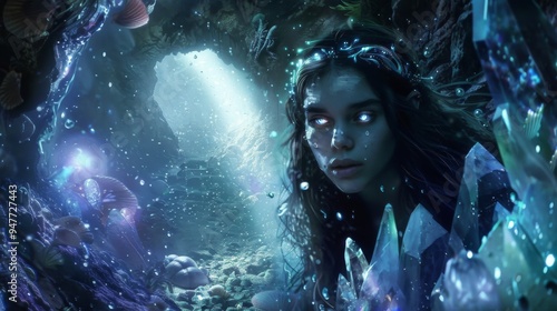 Beautiful underwater portrait of a woman with flowing hair, resembling a mermaid in a fantasy world photo