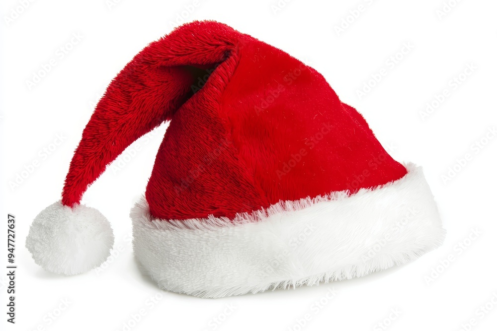 Isolated, white background, generative AI red Santa hat with white pompom Isolated, white background, generative AI red Santa hat with white pompom