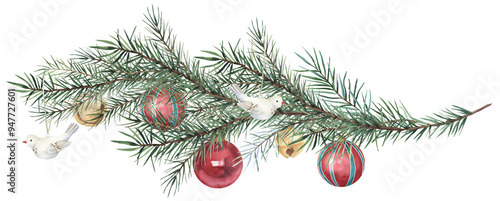 Watercolor Christmas border with fir, Xmas png. traditional cozy art, hand painted