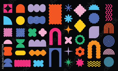 Abstract geometric shapes. Colorful modern brutal forms and figures on black background