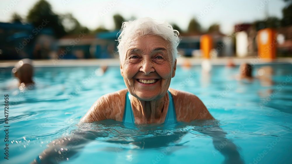 Fototapeta premium Elderly woman smiling and enjoying her time in an outdoor swimming pool on a sunny day.