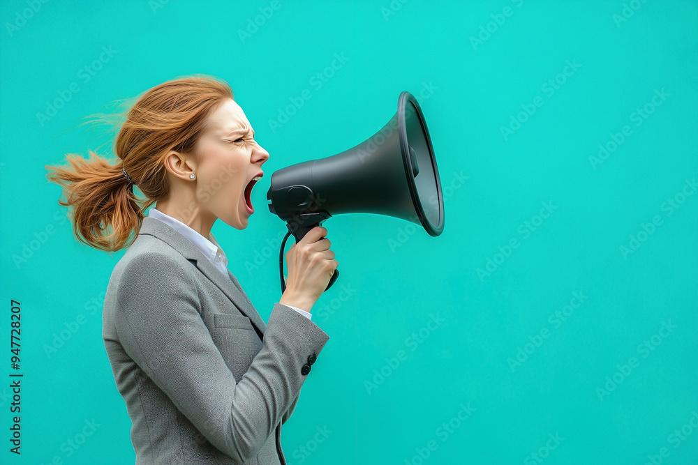 Serious business woman wearing a grey suit shouting through black mehaphone, women voice at work, feminist office worker conflict or strike, Black Friday fun announcement Serious business woman wearing a grey suit shouting through black mehaphone, women voice at work, feminist office worker conflict or strike, Black Friday fun announcement