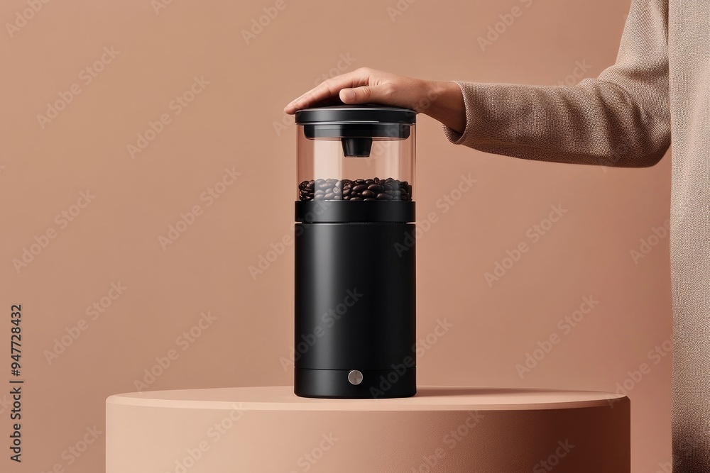 An individual presenting a high-quality gourmet coffee grinder against a solid color background, emphasizing its sleek design and precision. An individual presenting a high-quality gourmet coffee grinder against a solid color background, emphasizing its sleek design and precision.