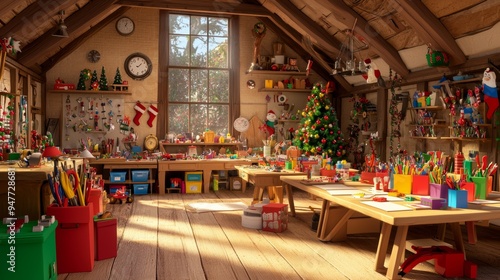 There are merry elves at Santa's North Pole workshop preparing gifts to be given at Christmas time