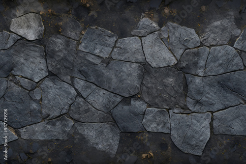 Processed collage of black stony asphalt surface texture. Background for banner, backdrop photo