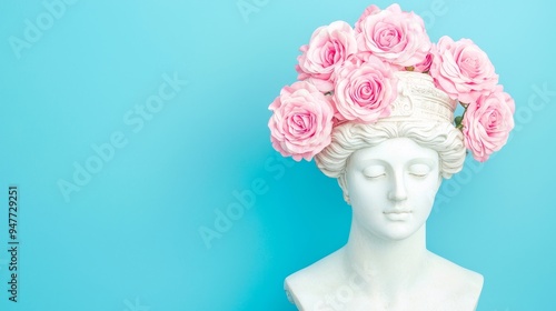 A female antique statue head with pink flowers and roses on a color background Trendy collage in a magazine using surreal style contemporary art Modern desi: Stock image