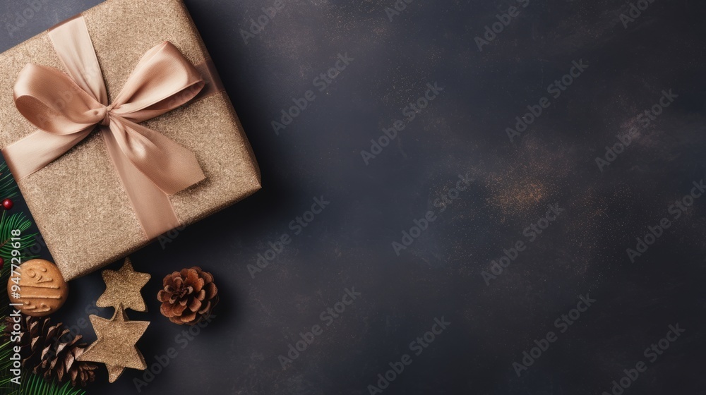 Fototapeta premium Festive Delights: A Captivating Top View of Christmas Gift Adorned with Pine Cones and Cinnamon Stic