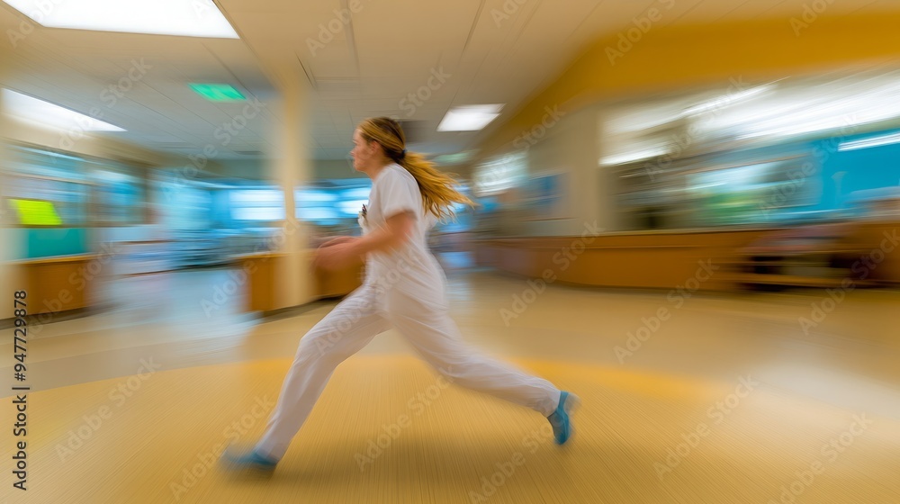 Urgency Captured in Motion, Nurse Racing in Hospital Corridor, Blurred Speed, Perfect for Medical Drama Scenes Urgency Captured in Motion, Nurse Racing in Hospital Corridor, Blurred Speed, Perfect for Medical Drama Scenes