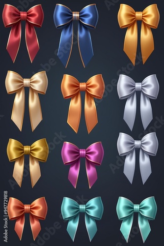 A collection of colorful ribbons and bows isolated on a clean dark background, cartoon style