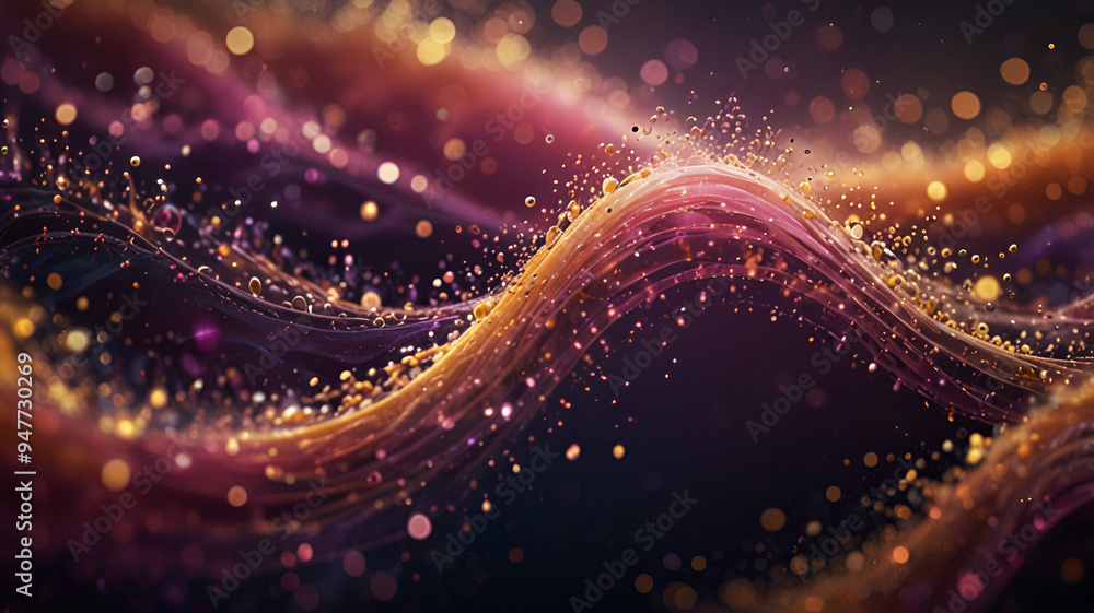 The image appears to be an abstract representation of a wave-like structure composed of glowing, scattered particles and light points. The dominant colors are warm shades of pink, purple, gold The image appears to be an abstract representation of a wave-like structure composed of glowing, scattered particles and light points. The dominant colors are warm shades of pink, purple, gold