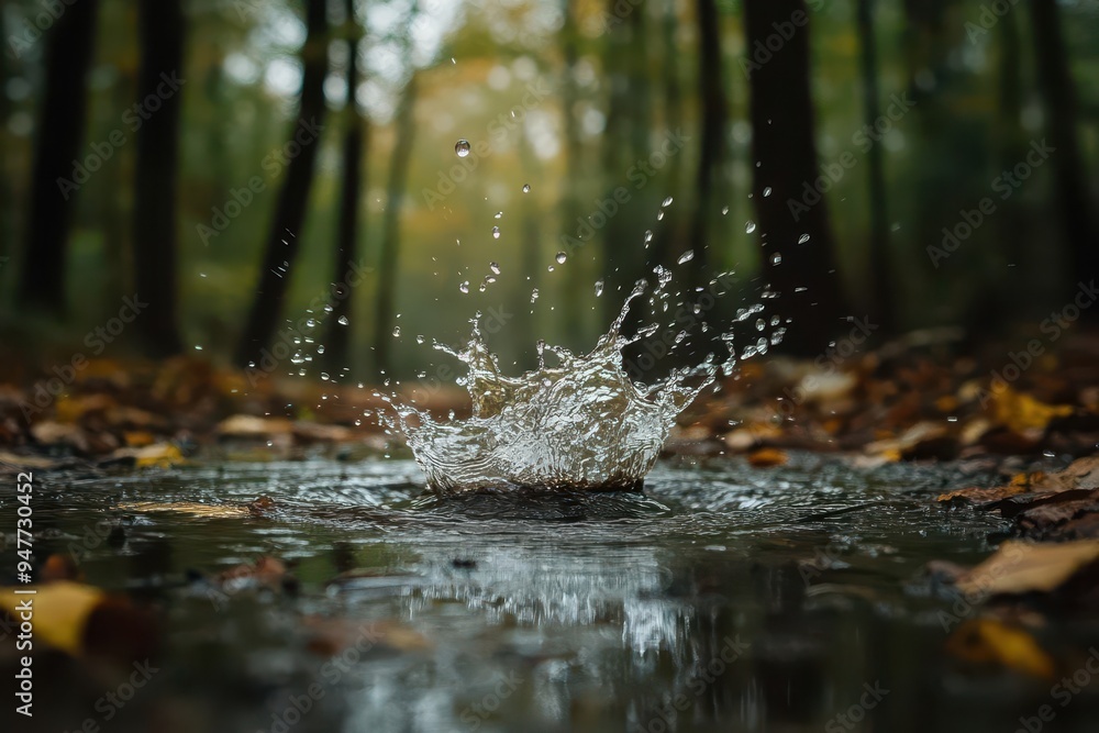 A dramatic splash as a raindrop hits a puddle in the middle of a forest A dramatic splash as a raindrop hits a puddle in the middle of a forest