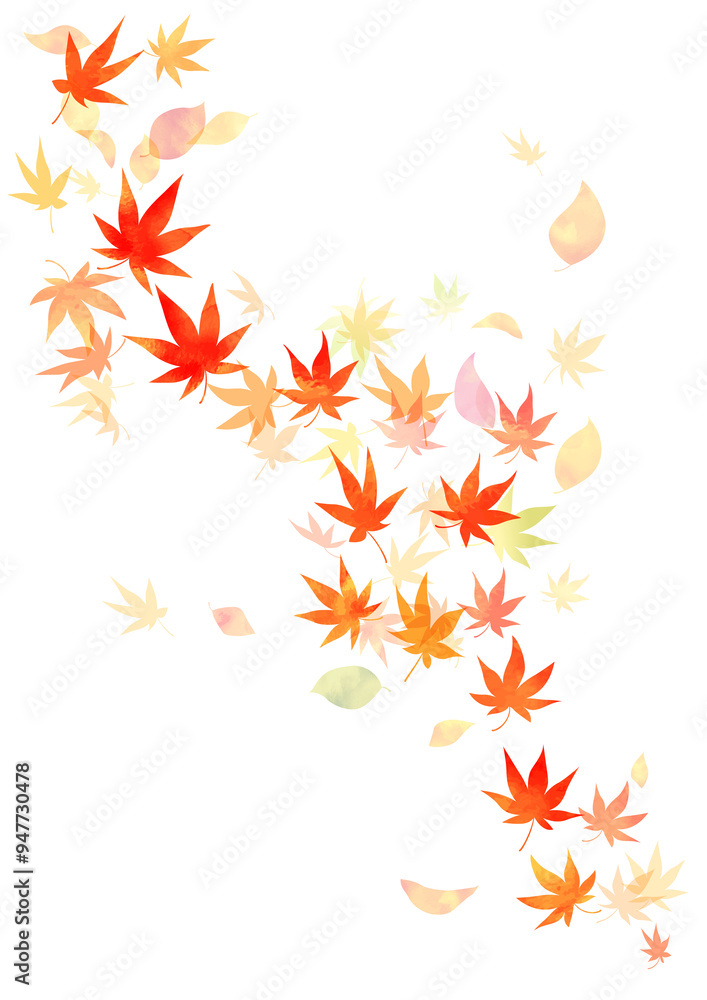 水彩　色とりどり風で舞い散る秋の紅葉