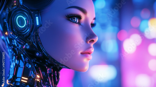 A beautiful female robot looking to the right, with a blue and purple background featuring technological elements