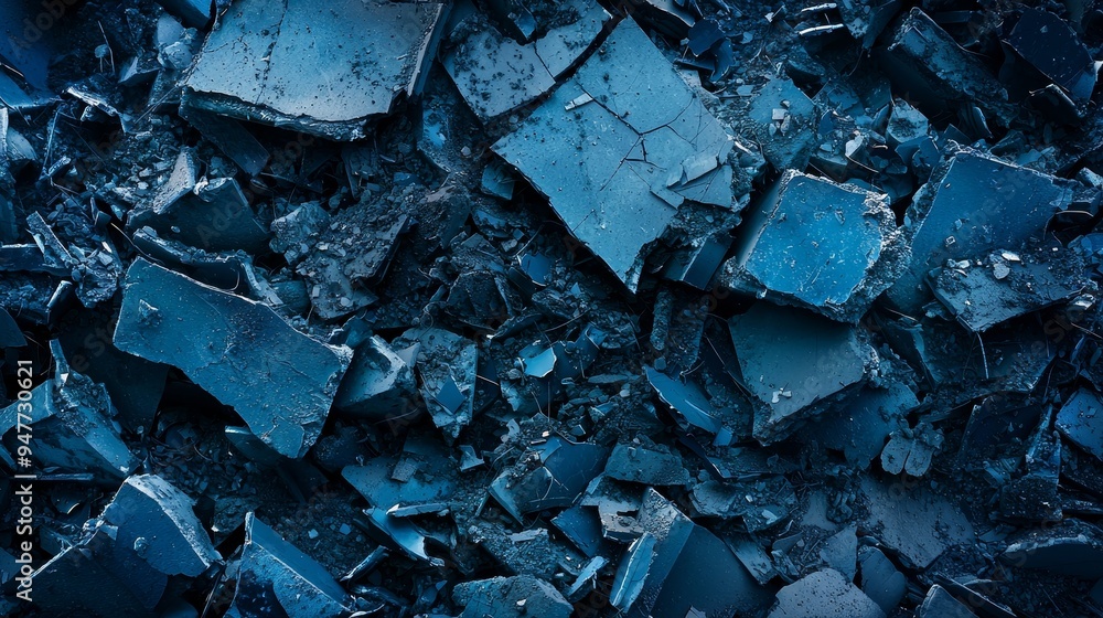 Concrete and steel fragments scattered around a crumbling building Concrete and steel fragments scattered around a crumbling building