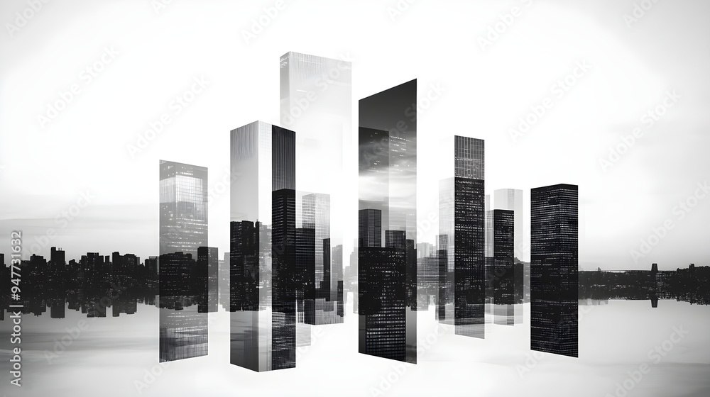 Surreal double exposure of a cityscape overlaid with minimalist geometric patterns in monochrome, creating a modern urban vibe Surreal double exposure of a cityscape overlaid with minimalist geometric patterns in monochrome, creating a modern urban vibe