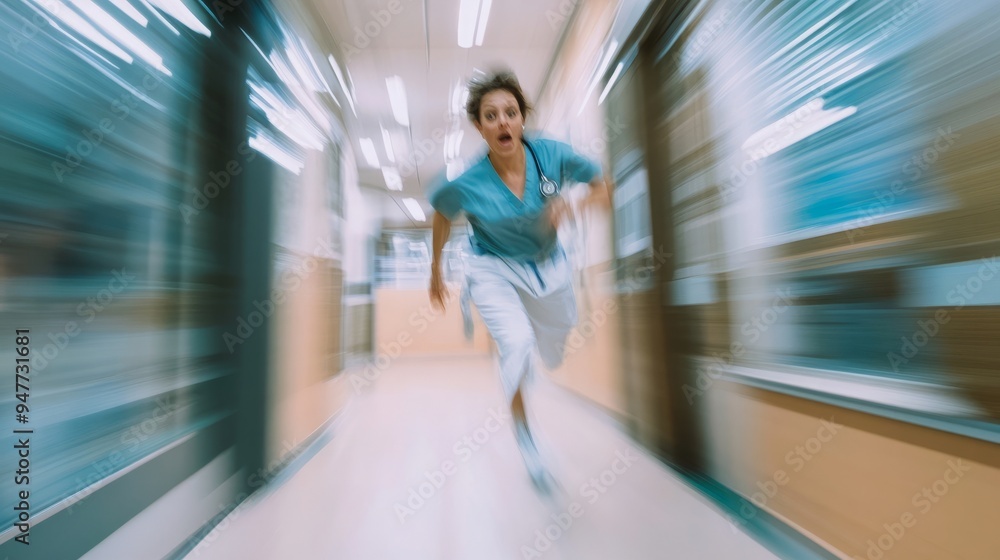 Obraz premium Urgent Healthcare Scene, Nurse Speeding Through Hospital Corridor, Dynamic Motion Blur Capturing Intensity