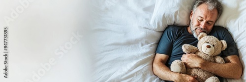 At 10 am during Covid 19 lockdown or on the weekend, a happy man sleeps in a comfortable bed with a teddy bear and dreams sweet dreams in deep sleep. photo