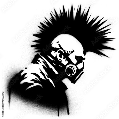 punk with gas-mask graffiti stencil-art style,black and white, generative ai