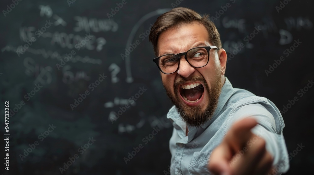 A man with glasses is pointing at a chalkboard with equations on it A man with glasses is pointing at a chalkboard with equations on it