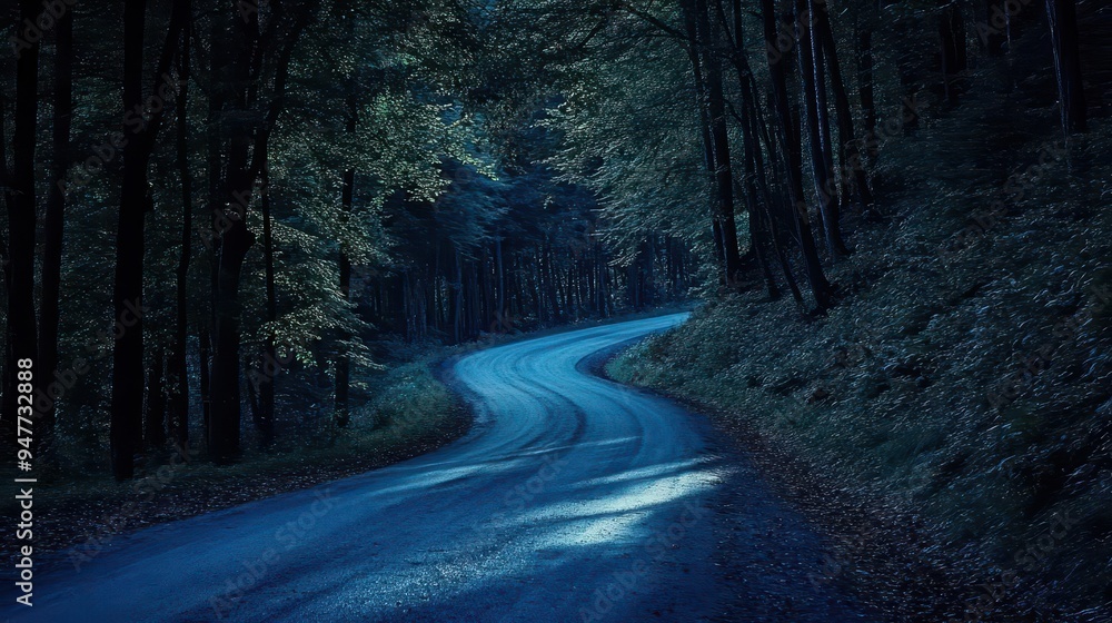 Fototapeta premium A moonlit country road winding through dense woods, with shadows stretching across the path