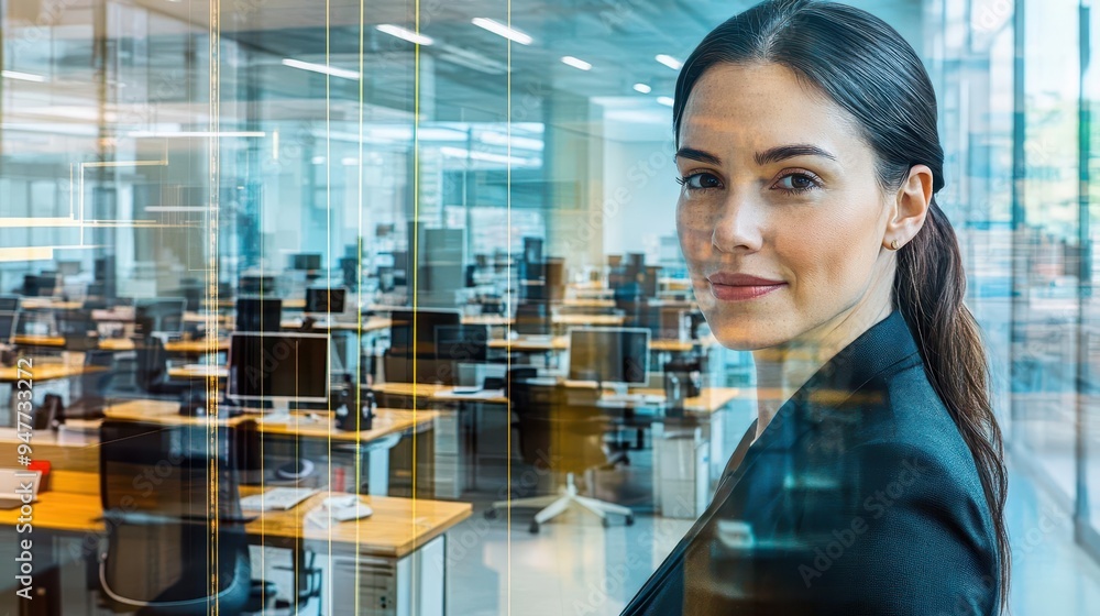 A portrait of a businesswoman overlaid with an image of a modern office space filled with desks, computers, and collaborative spaces, representing her dynamic workplace A portrait of a businesswoman overlaid with an image of a modern office space filled with desks, computers, and collaborative spaces, representing her dynamic workplace