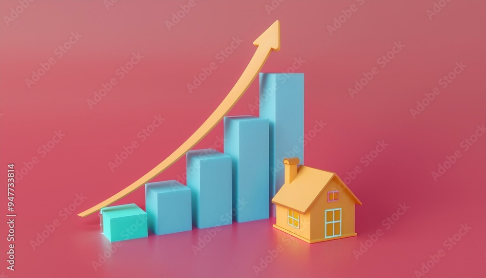 A colorful diagram illustrating real estate growth with a house and ascending bars representing rising market trends. A colorful diagram illustrating real estate growth with a house and ascending bars representing rising market trends.