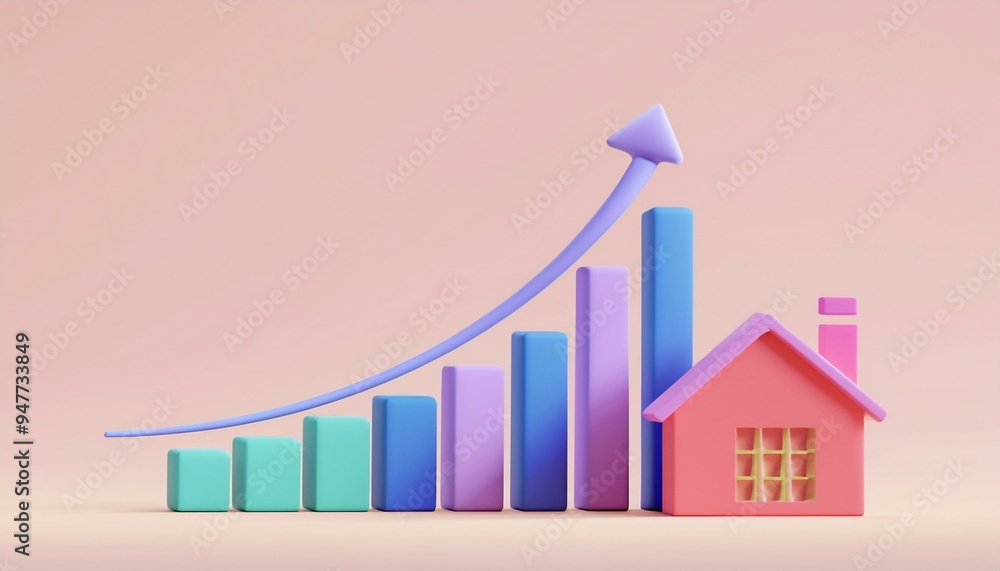 Fototapeta premium A vibrant illustration of a home with increasing bar charts and an upward arrow, representing growth in the housing market.