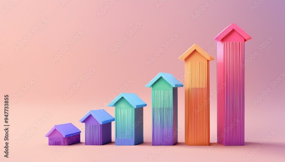 Colorful 3D house models show real estate growth with vibrant bars, representing market trends and investment potential. Colorful 3D house models show real estate growth with vibrant bars, representing market trends and investment potential.