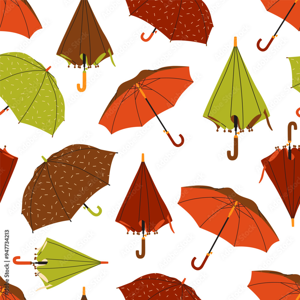 Obraz premium Umbrella seamless pattern. Vector illustration of different umbrellas on a white background. Cozy flat design. Autumn collection