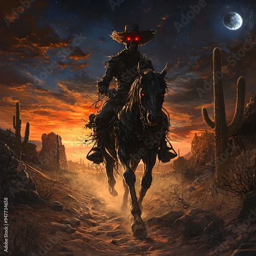 Ghostly Cowboy Riding Skeletal Horse Through Haunted Desert Landscape with Tattered Black Hat and
