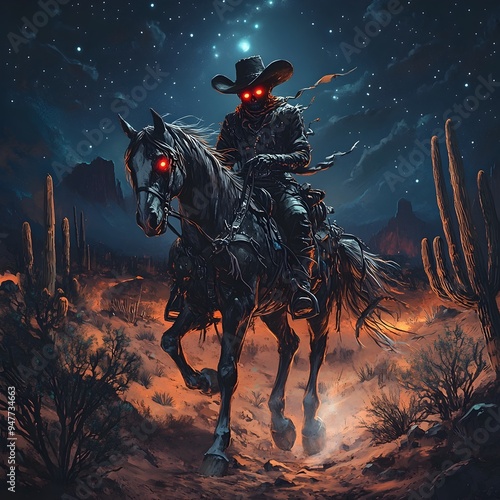 Ghostly Cowboy Rides Skeletal Horse Through Haunted Desert Landscape Under Starry Night Sky photo