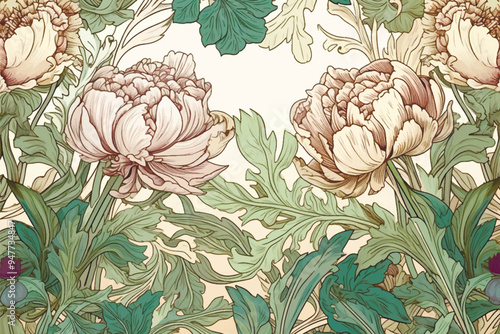 Drawing blooming peonies vector pattern background illustration. Colorful vintage blossom peony flowers, leaves. Ornate foliage decoration. Modern beautiful design for wallpaper, decor, prints.