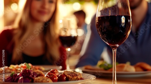 There are plates of food and glasses of wine on top of a table, along with a bowl of salad and a glass of wine. Stock tables