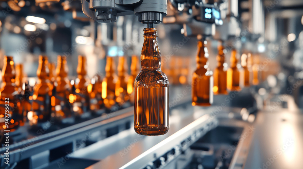 Robotic arms expertly lift brown glass bottles, showcasing modern technology in a brewery's efficient bottling and capping process Robotic arms expertly lift brown glass bottles, showcasing modern technology in a brewery's efficient bottling and capping process