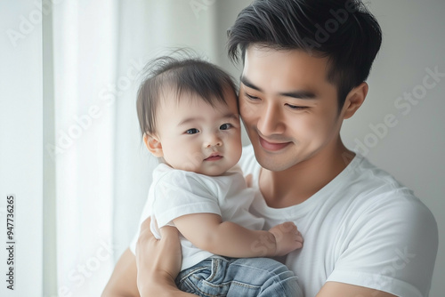 Portrait of a happy young asian father with his baby. Asian Father giving his child toddler child hug, Father's day quality time together at home.