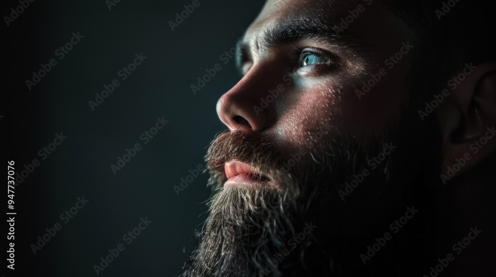 A man with a beard and a blue eye stares into the distance A man with a beard and a blue eye stares into the distance