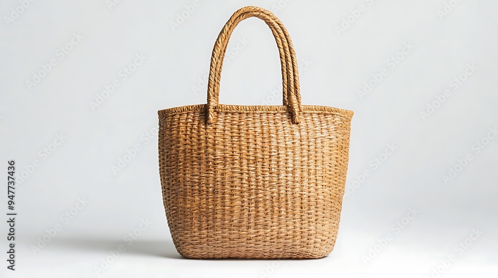 Stylish Straw Beach Bag on White Background with Summery Vibes Stylish Straw Beach Bag on White Background with Summery Vibes