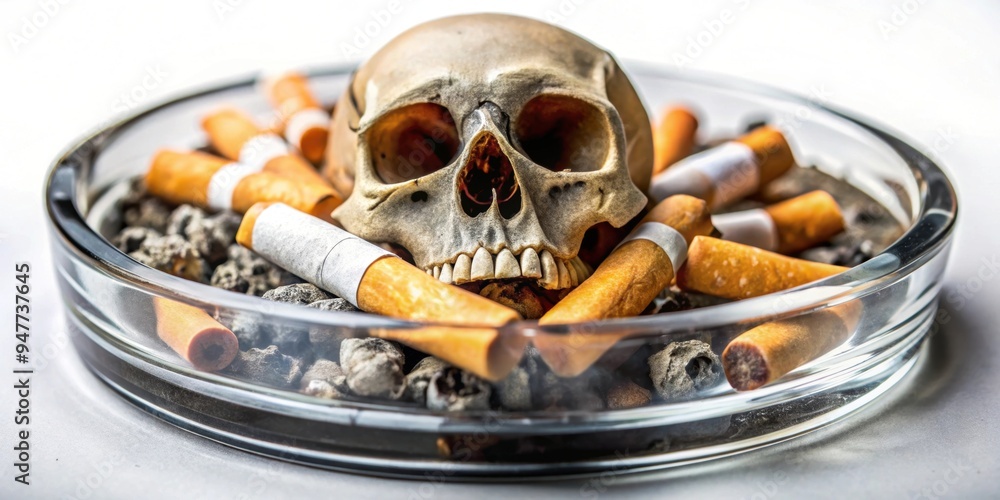 Ashtray with cigarette butts and skull, ashtray, cigarette butts, skull, smoking, addiction, unhealthy, toxic, death
