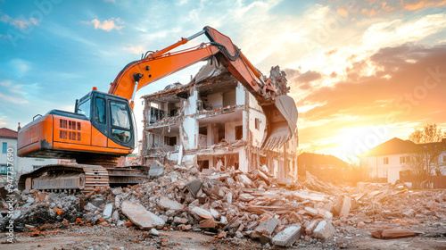 A powerful excavator dismantles crumbling structures as the sun sets, casting a warm light over a contrasting modern neighborhood filled with promise photo