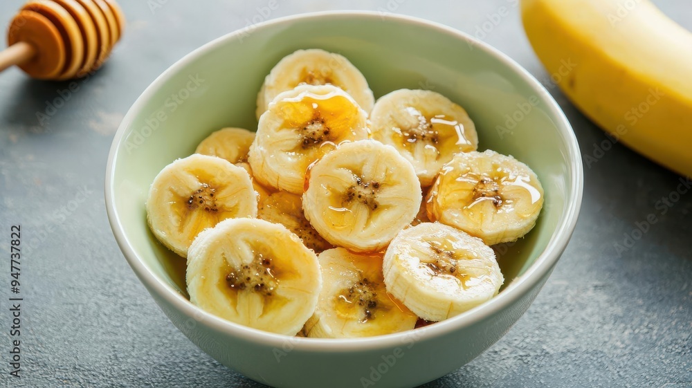 Sliced banana, breakfast bowl, honey drizzle close up, focus on, copy space Warm and appetizing hues Double exposure silhouette with banana Sliced banana, breakfast bowl, honey drizzle close up, focus on, copy space Warm and appetizing hues Double exposure silhouette with banana