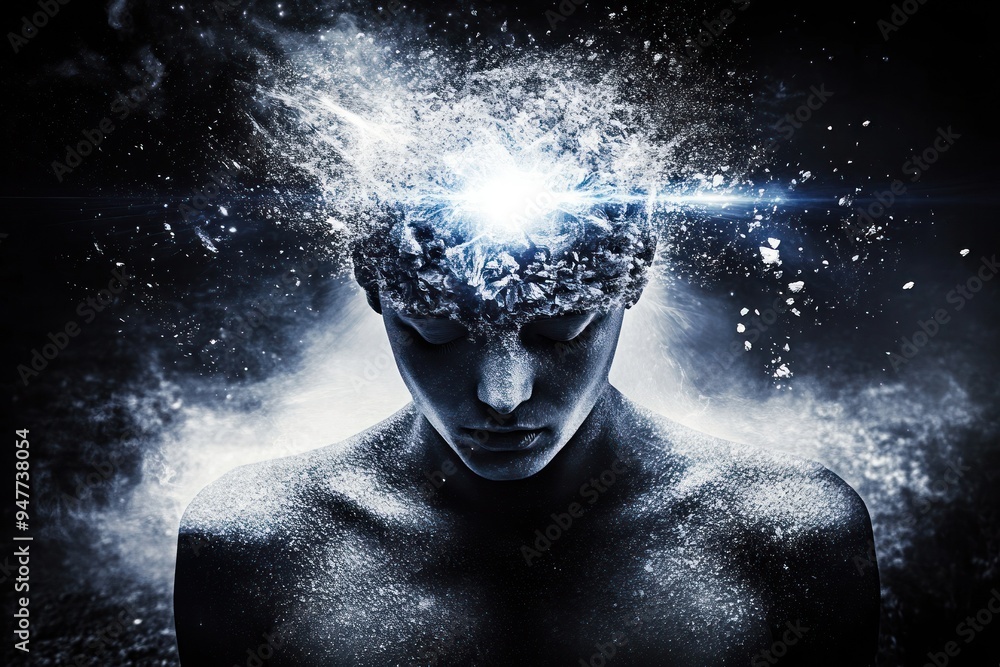 Cosmic head explosion with glowing particles, surreal. Cosmic head explosion with glowing particles, surreal.