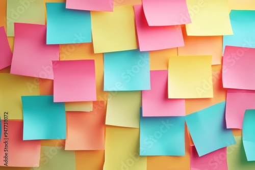 An artistic and colorful collection of sticky notes, arranged on a bright and vibrant background